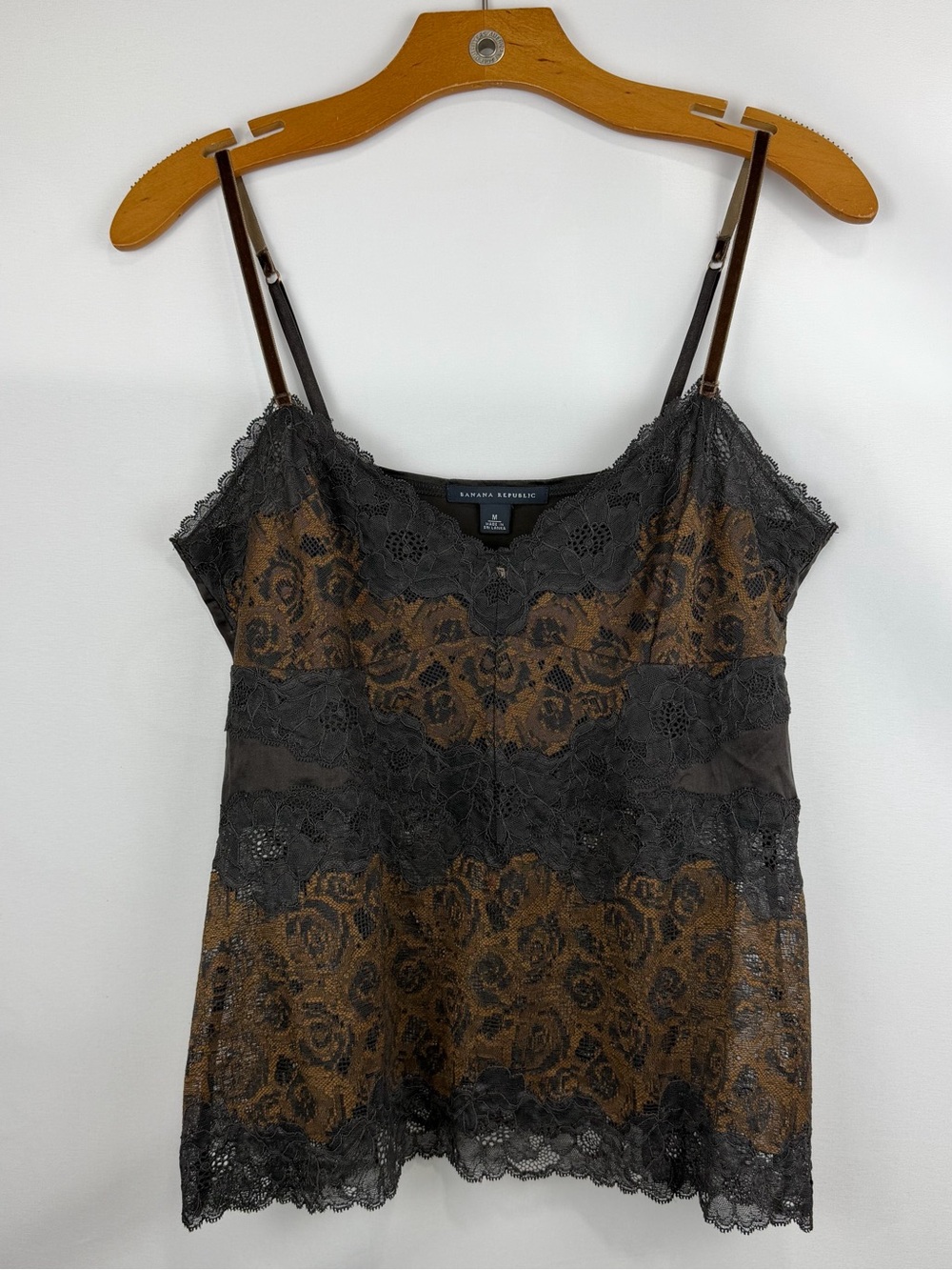 Banana Republic Silk Brown Cami with Black Lace Overlay
